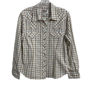 Cowgirl Hardware USA Womans Pearl Snap Tan Plaid Button Down Shirt Large